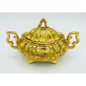 Vintage Osborne Sugar Bowl & Lid 22kt Gold Etched Floral - Hand Decorated -Flaw